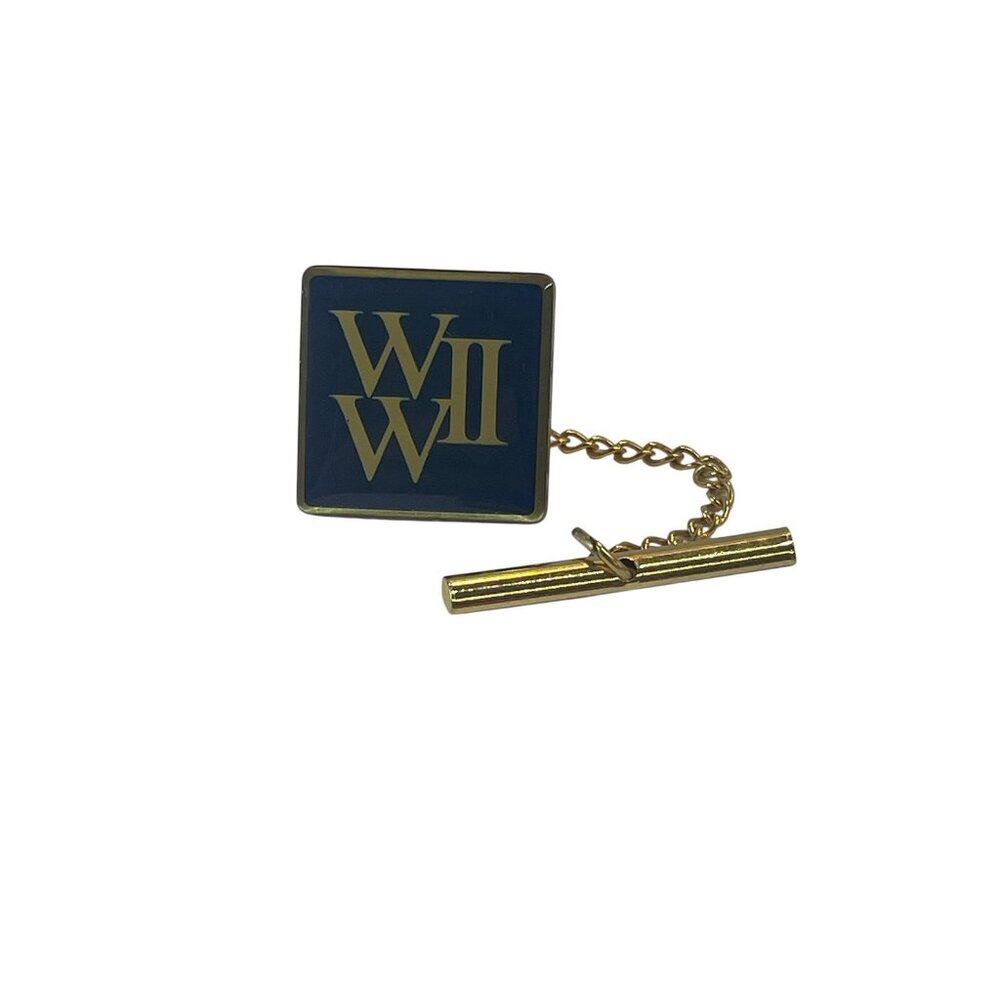 Vintage WWII WW2 Era Gold Toneโ & Blue Enamel Lapel Pin Tie Tack with Chain